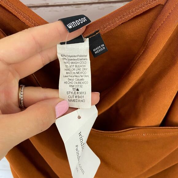 Windsor M Copper Silky Satin Faux Wrap Asymmetrical Spaghetti Strap Mini Dress - Picture 8 of 8